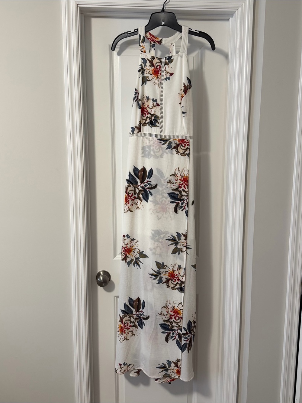 Floral Halter Maxi Dress in White with Navy & Red Accents